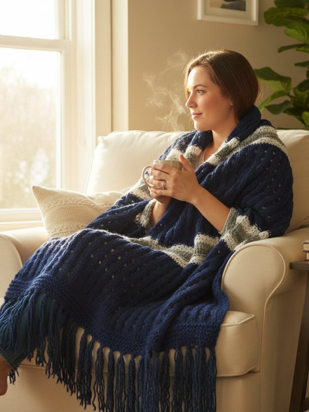 NEW Blue Gray Handmade Knitted Afghan Throw Mix Stitch Fringe Artisan Farmhouse
